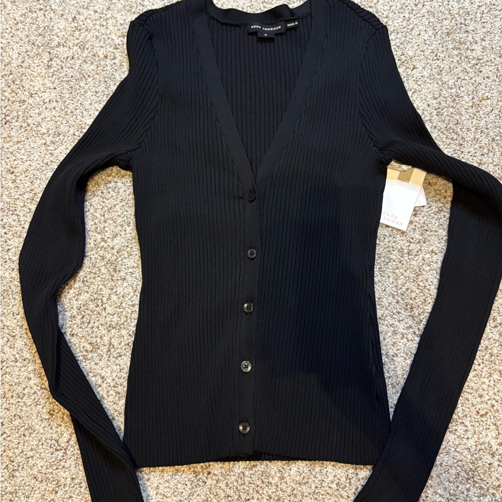 Good American Black Ribbed V-Neck Cardigan Sweater